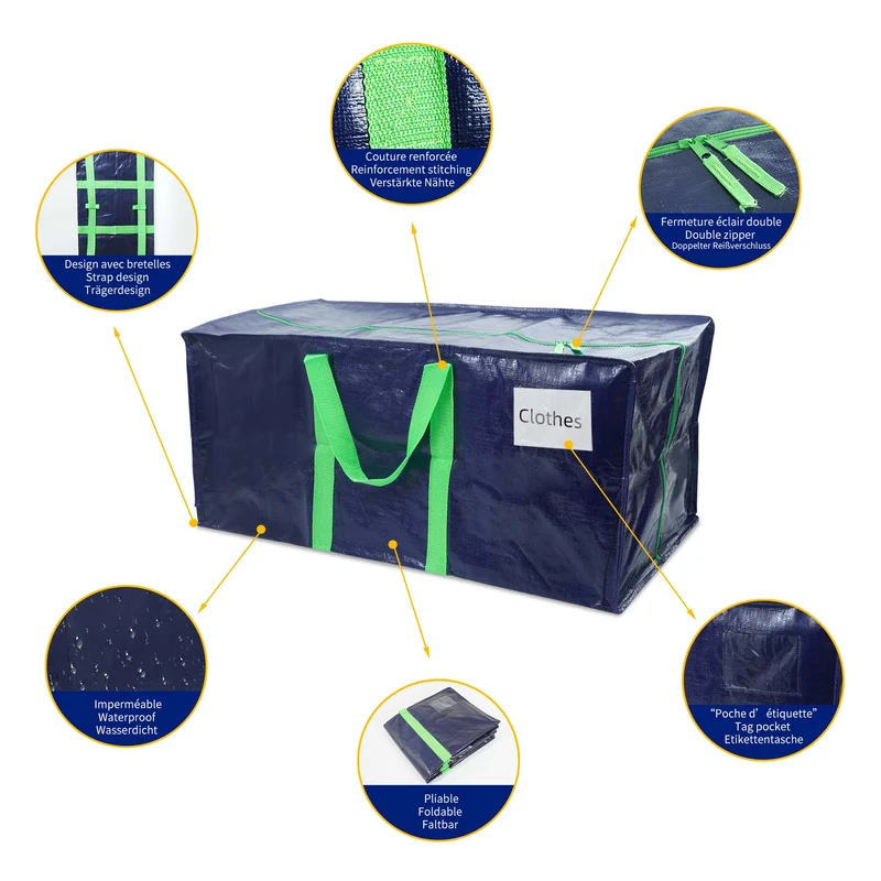 Lot de 5 sacs de demenagement grand format avec sangles et poignee bleu