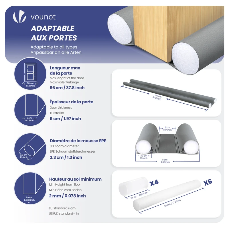 Lot de 2 Boudins de Porte Isolants coupe froid Découpables 96cm Gris