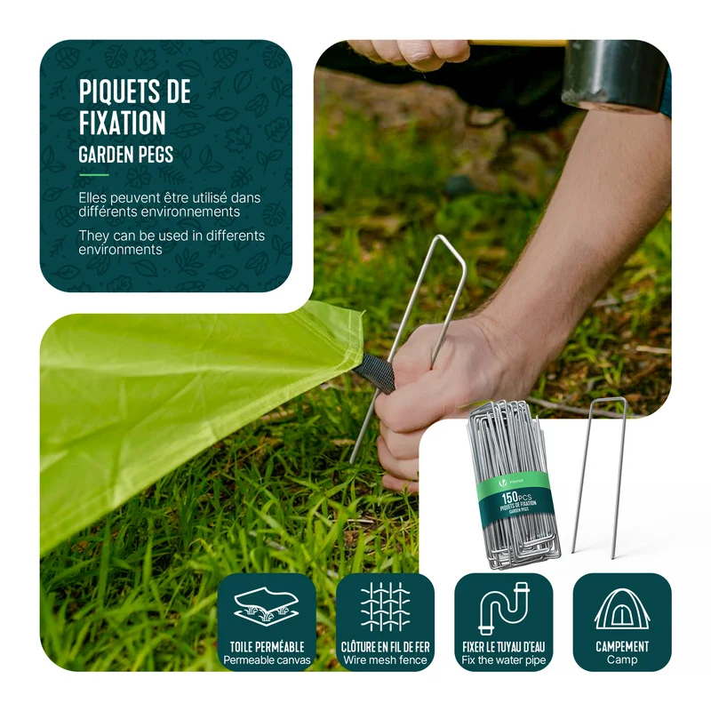 Lot de 150 piquets de fixation pour jardin U 150x30mm en acier galvanise