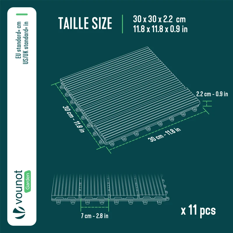 Lot de 11 dalles clipsables exterieures 30x30cm en Composite WPC Gris