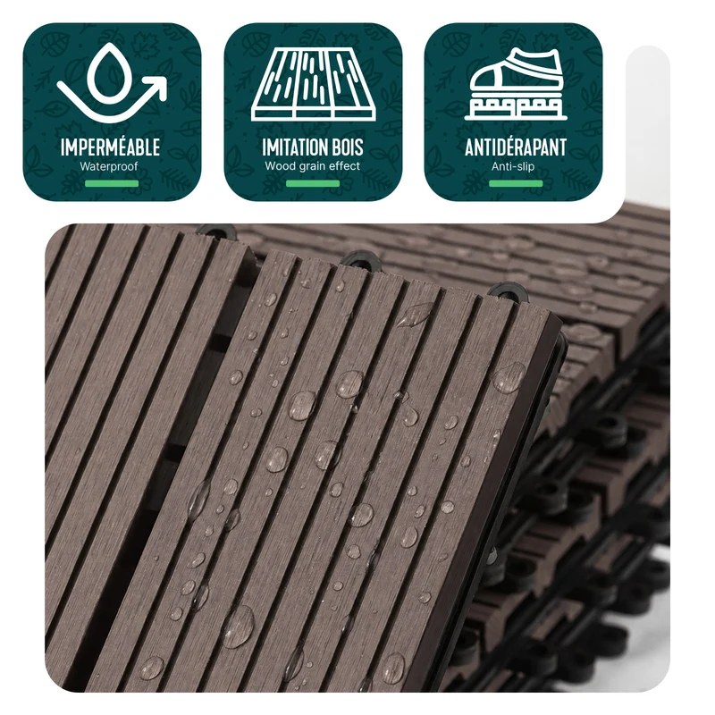 Lot de 11 dalles clipsables exterieures 30x30cm en Composite WPC Marron