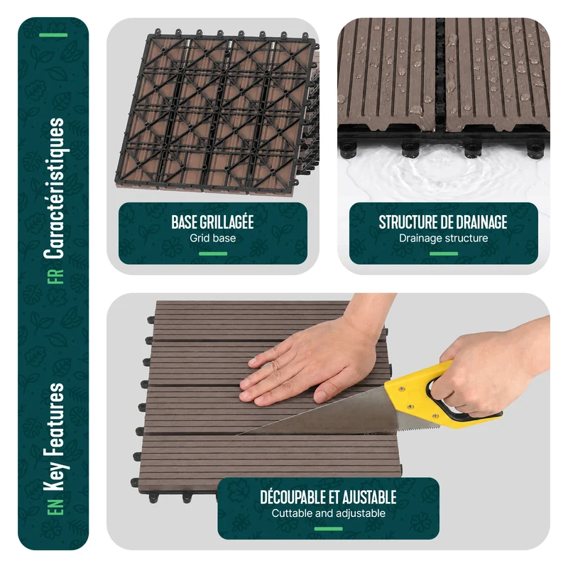Lot de 11 dalles clipsables exterieures 30x30cm en Composite WPC Marron