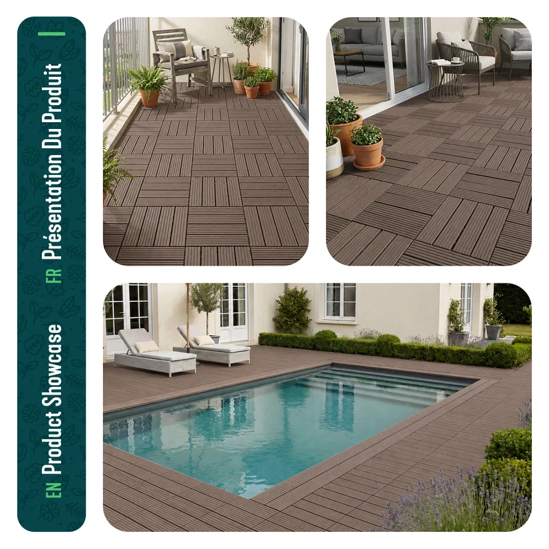 Lot de 11 dalles clipsables exterieures 30x30cm en Composite WPC Marron