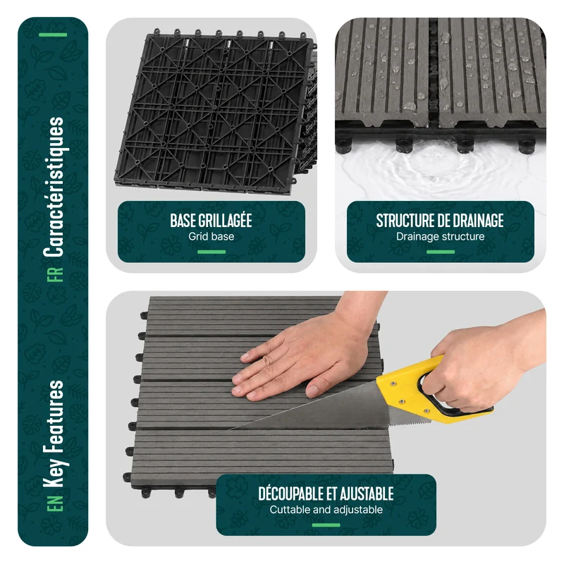 Lot de 11 dalles clipsables exterieures 30x30cm en Composite WPC Gris