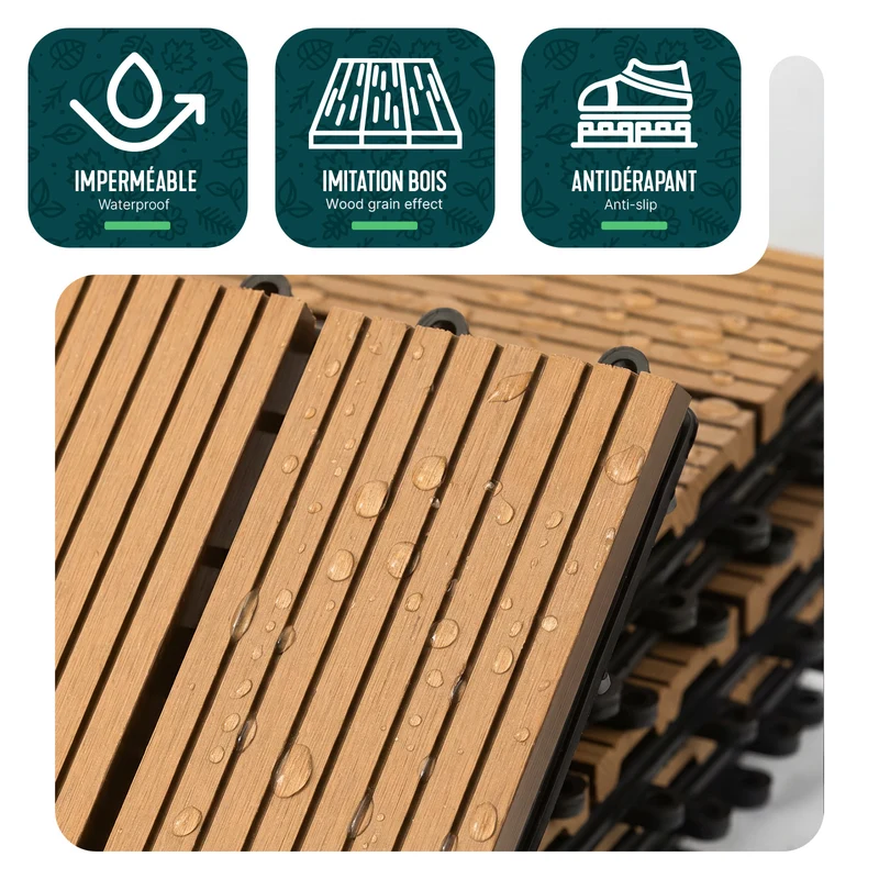 Lot de 16 dalles clipsables exterieures 30x30cm en Composite WPC Couleur bois