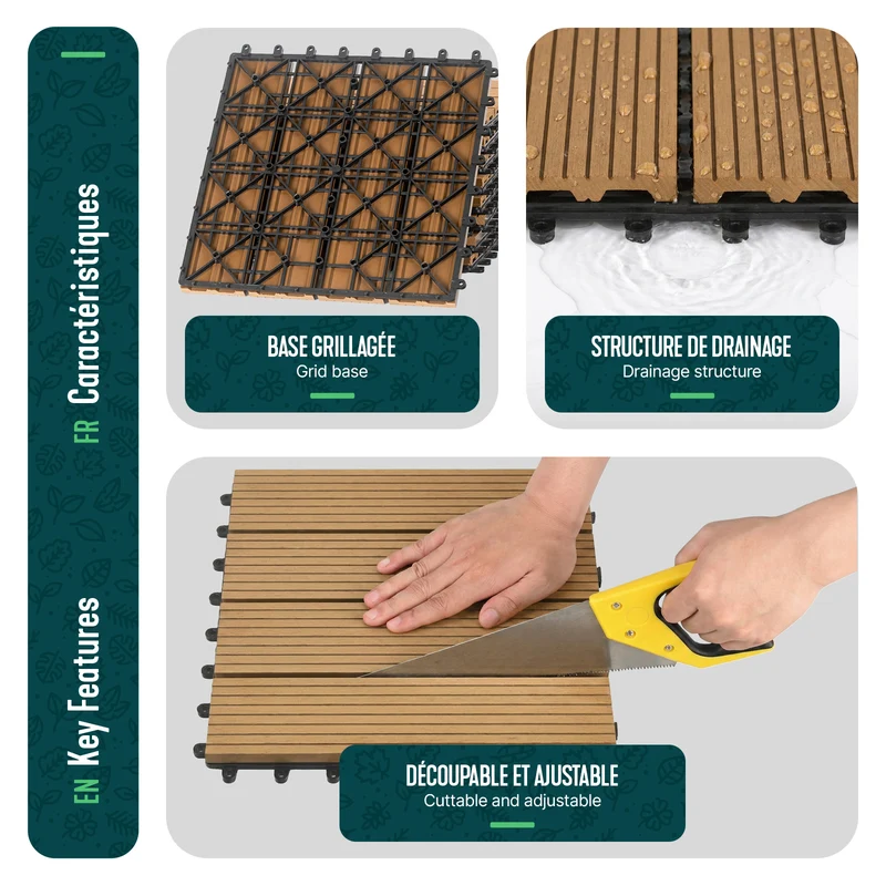Lot de 16 dalles clipsables exterieures 30x30cm en Composite WPC Couleur bois