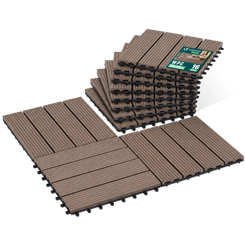 Lot de 16 dalles clipsables exterieures 30x30cm en Composite WPC Marron