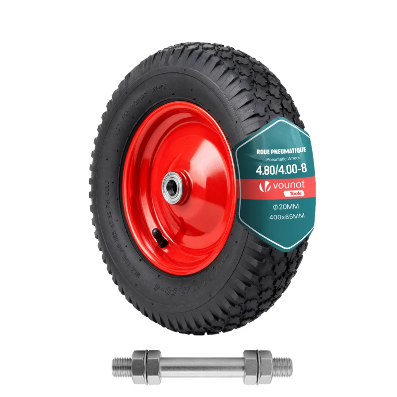 Roue gonflable robuste 4.80/4.00-8 pour chariot brouette alesage 20mm 400x85mm Rouge