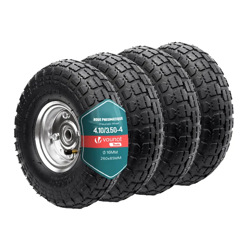 Lot de 4 Roue gonflable robuste 3.50-4 pour chariot brouette alesage 16mm 260x85mm metal