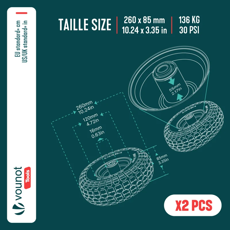 Lot de 2 Roue gonflable robuste 3.50-4 pour chariot brouette alesage 16mm 260x85mm metal