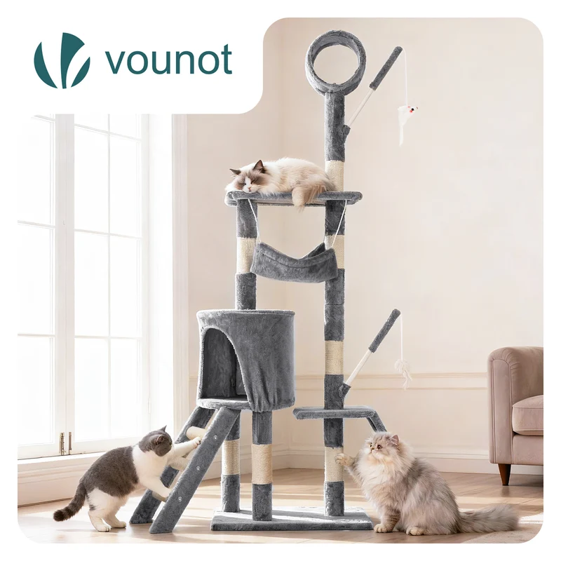 Arbre a chat 155cm multi niveaux Griffoir et niche Gris