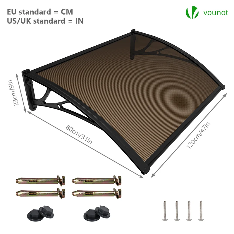 Auvent de porte marquise 120x80 cm en Polycarbonate anti UV Marron