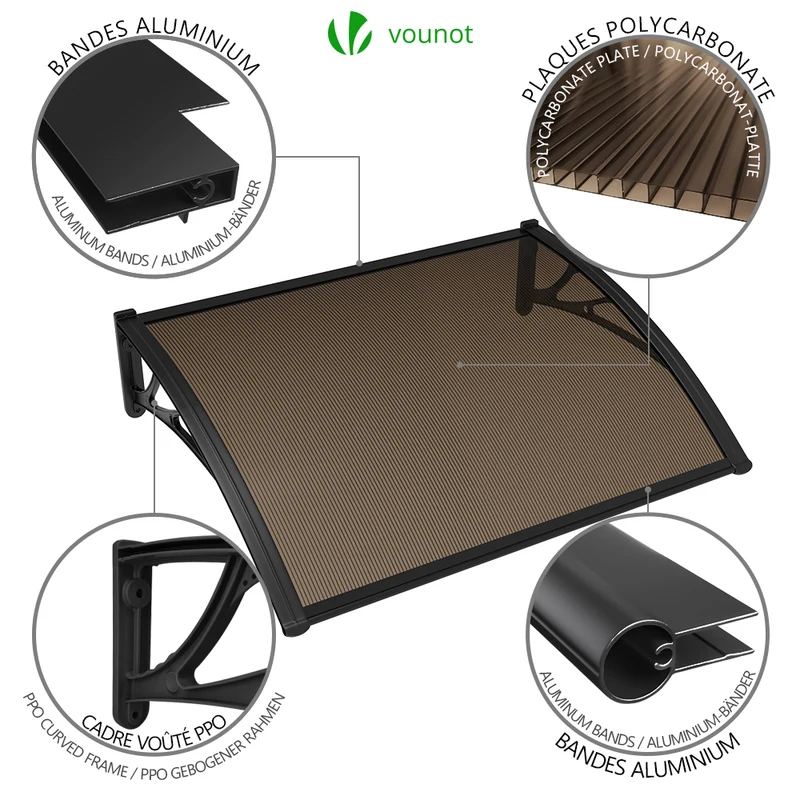 Auvent de porte marquise 100x80 cm en Polycarbonate anti UV Marron