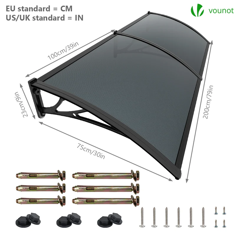Auvent de porte marquise 200x80 cm en Polycarbonate anti UV Anthracite