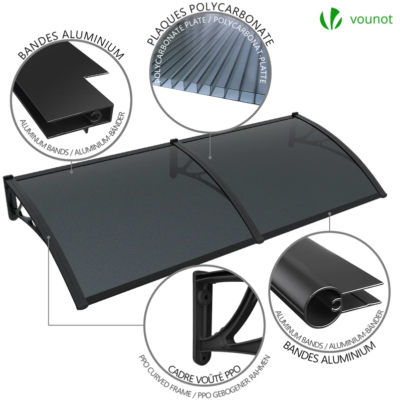 Auvent de porte marquise 200x80 cm en Polycarbonate anti UV Anthracite