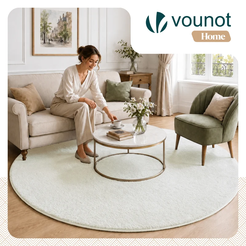 Tapis de salon poils ras doux antiderapant ф200cm uni crème