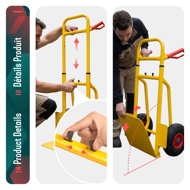 Diable pliant chariot de transport avec roue pneumatique charge 200kg jaune