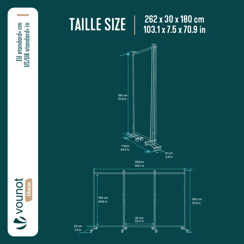 Paravent interieur separateur avec roue 3 panneaux autoportant pliable 262 x 30 x 180 cm Anthracite