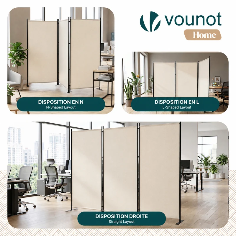 Paravent interieur separateur 3 panneaux autoportant pliable 262 x 30 x 173 cm Beige