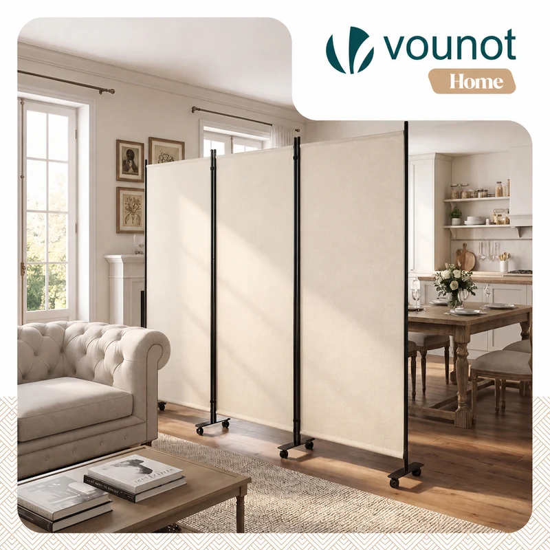 Paravent interieur separateur avec roue 3 panneaux autoportant pliable 262 x 30 x 180 cm Beige
