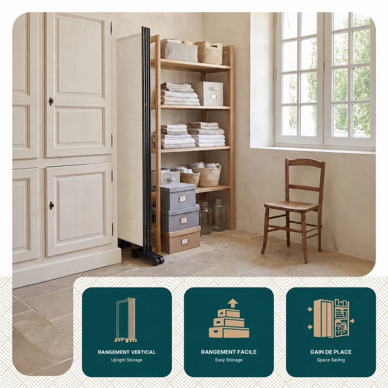 Paravent interieur separateur avec roue 3 panneaux autoportant pliable 262 x 30 x 180 cm Beige