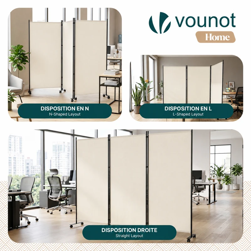 Paravent interieur separateur avec roue 3 panneaux autoportant pliable 262 x 30 x 180 cm Beige