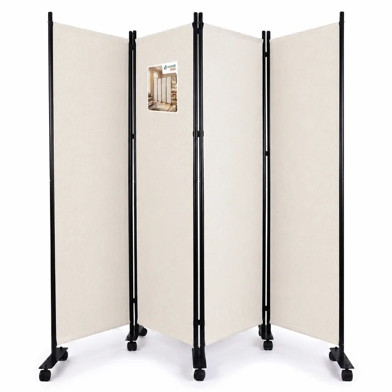 Paravent interieur separateur avec roue 4 panneaux autoportant pliable 228x 30 x 171 cm Beige
