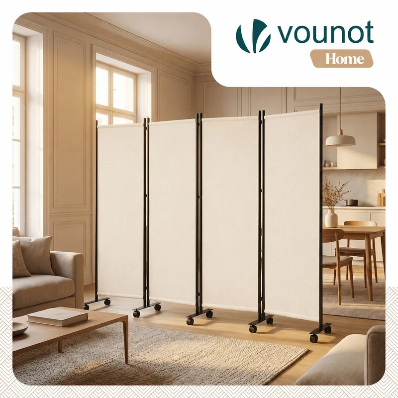 Paravent interieur separateur avec roue 4 panneaux autoportant pliable 228x 30 x 171 cm Beige