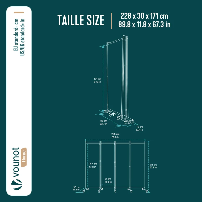 Paravent interieur separateur avec roue 4 panneaux autoportant pliable 228x 30 x 171 cm Anthracite