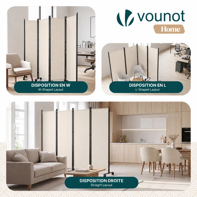 Paravent interieur separateur avec roue 4 panneaux autoportant pliable 228x 30 x 171 cm Beige