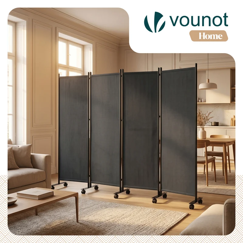 Paravent interieur separateur avec roue 4 panneaux autoportant pliable 228x 30 x 171 cm Anthracite