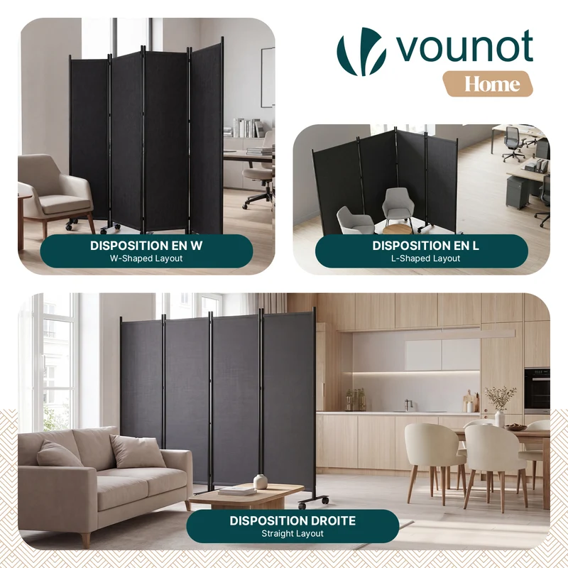 Paravent interieur separateur avec roue 4 panneaux autoportant pliable 228x 30 x 171 cm Anthracite