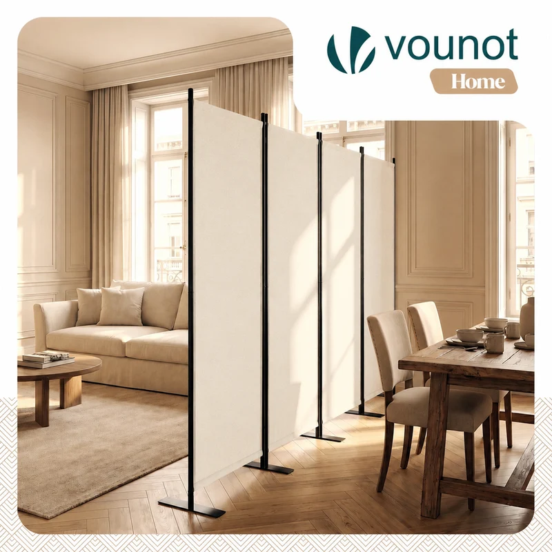Paravent interieur separateur 4 panneaux autoportant pliable 228 x 30 x 164 cm Beige