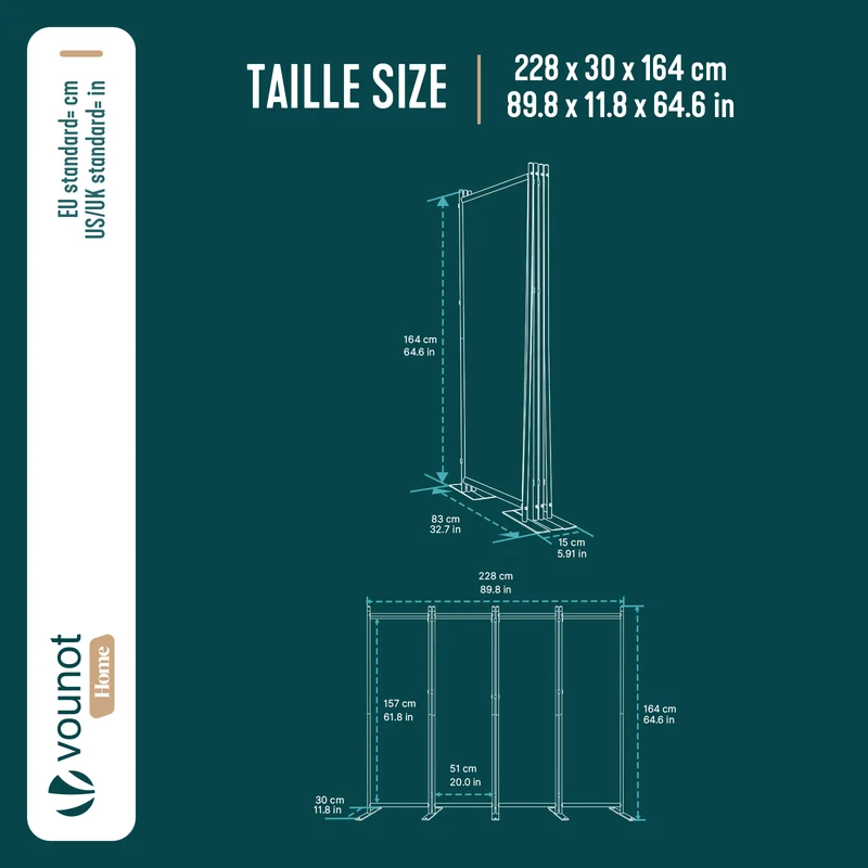 Paravent interieur separateur 4 panneaux autoportant pliable 228 x 30 x 164 cm Anthracite