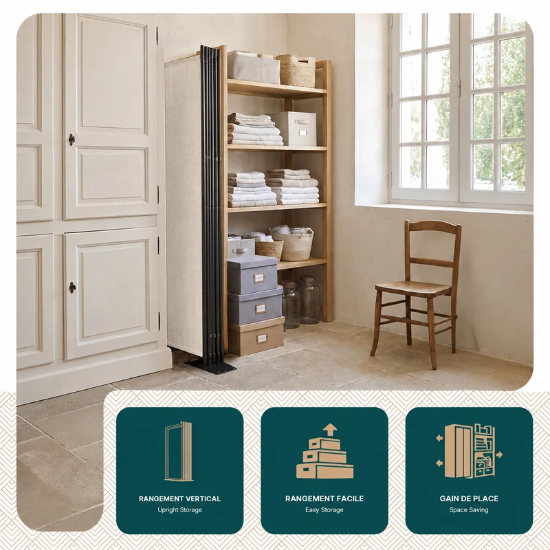 Paravent interieur separateur 4 panneaux autoportant pliable 228 x 30 x 164 cm Beige