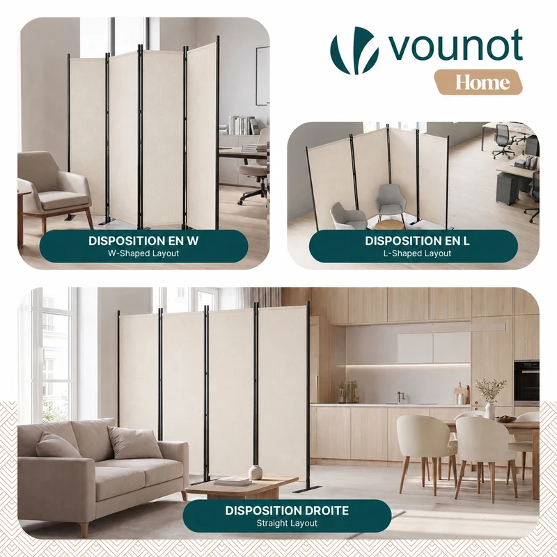 Paravent interieur separateur 4 panneaux autoportant pliable 228 x 30 x 164 cm Beige