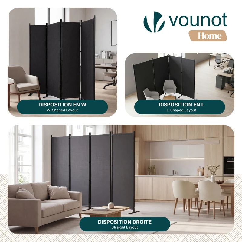 Paravent interieur separateur 4 panneaux autoportant pliable 228 x 30 x 164 cm Anthracite