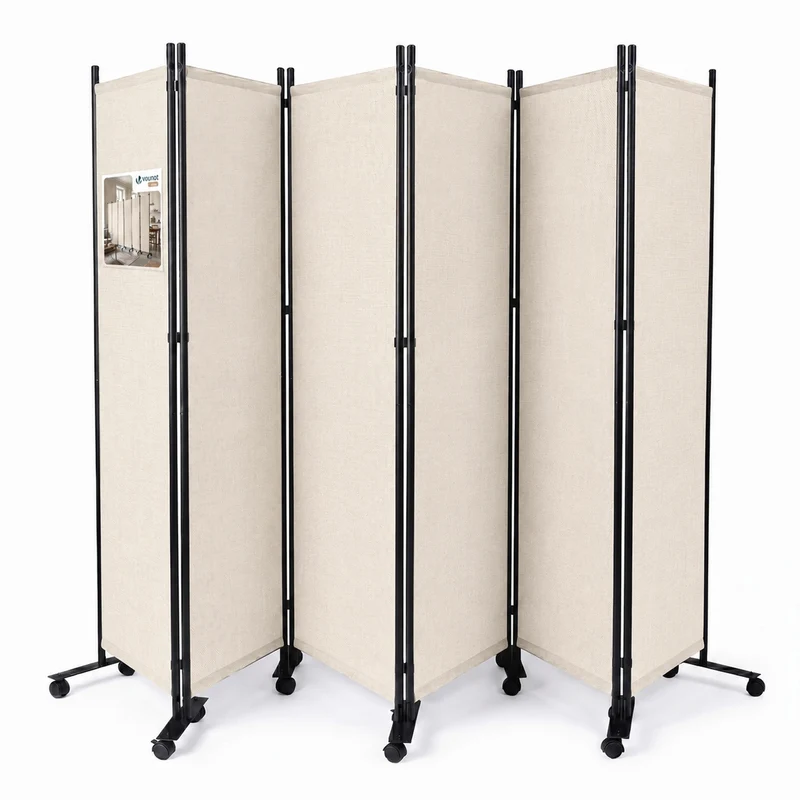 Paravent interieur separateur avec roue 6 panneaux autoportant pliable 340 x 30 x 171 cm Beige