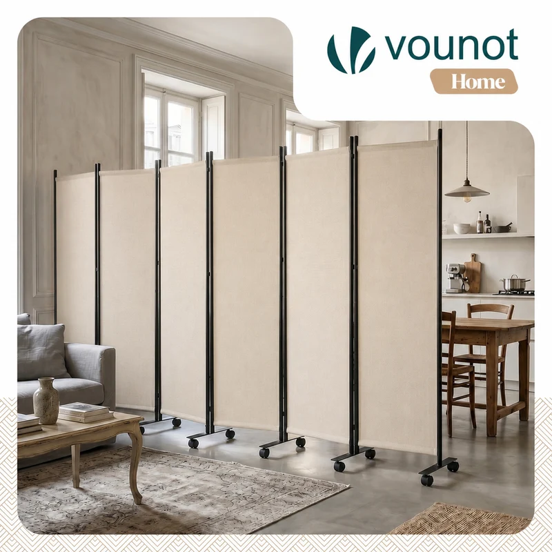 Paravent interieur separateur avec roue 6 panneaux autoportant pliable 340 x 30 x 171 cm Beige