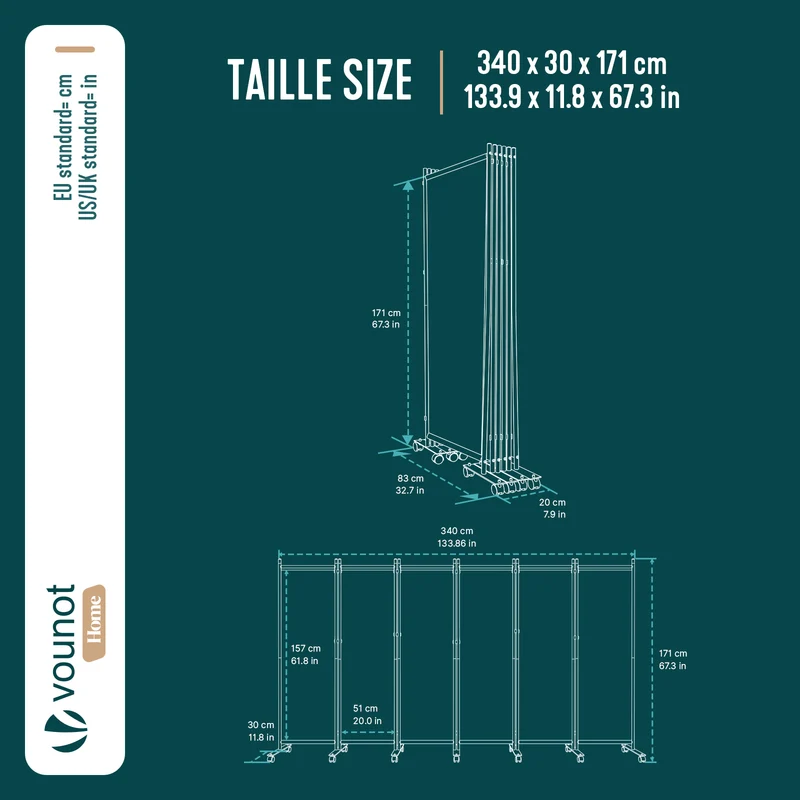 Paravent interieur separateur avec roue 6 panneaux autoportant pliable 340 x 30 x 171 cm Anthracite