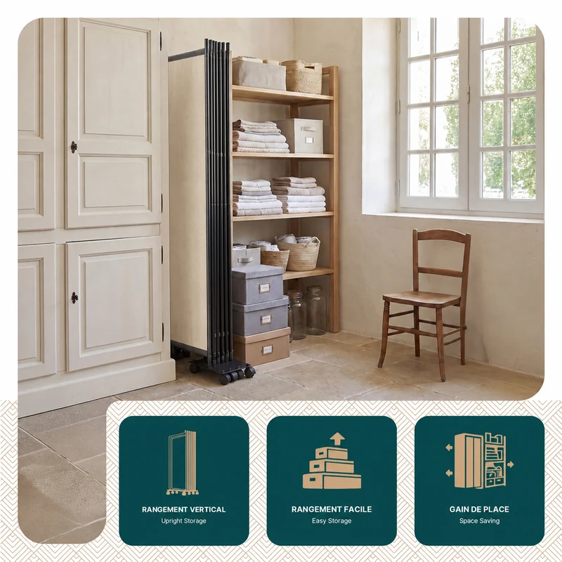 Paravent interieur separateur avec roue 6 panneaux autoportant pliable 340 x 30 x 171 cm Beige