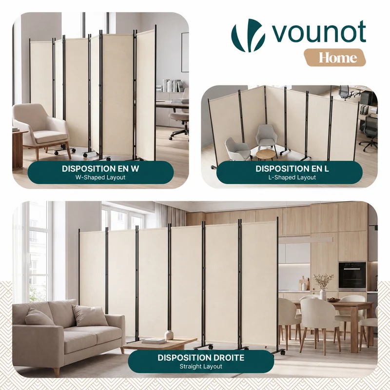 Paravent interieur separateur avec roue 6 panneaux autoportant pliable 340 x 30 x 171 cm Beige