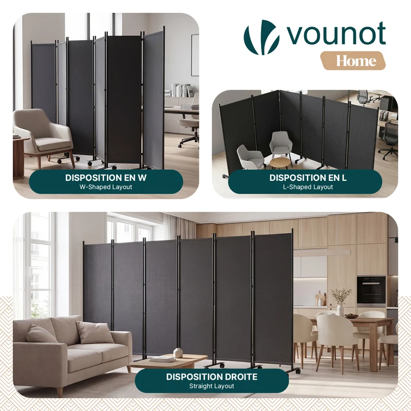 Paravent interieur separateur avec roue 6 panneaux autoportant pliable 340 x 30 x 171 cm Anthracite