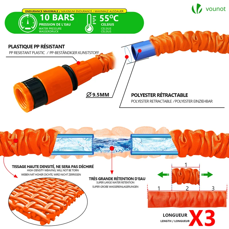 Tuyau d’Arrosage Extensible 15m avec Accessoires orange