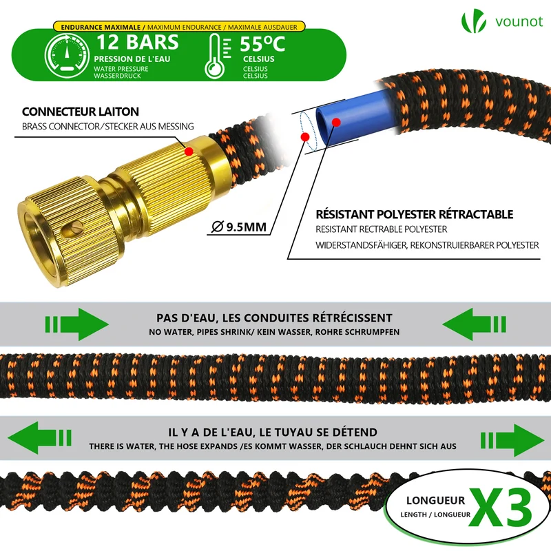 Tuyau d’Arrosage Extensible 15m Renforce avec Accessoires orange