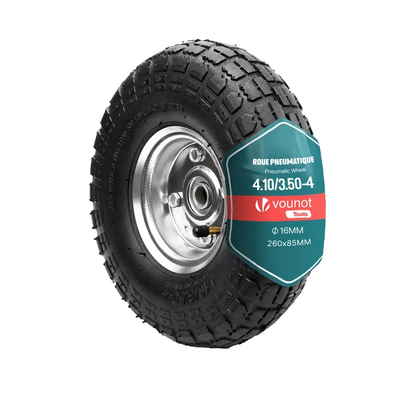 Roue gonflable robuste 3.50-4 pour chariot brouette alesage 16mm 260x85mm metal