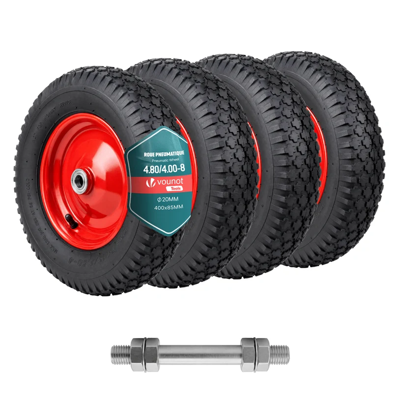 Lot de 4 Roue gonflable robuste 4.80/4.00-8 pour chariot brouette alesage 20mm 400x85mm Rouge