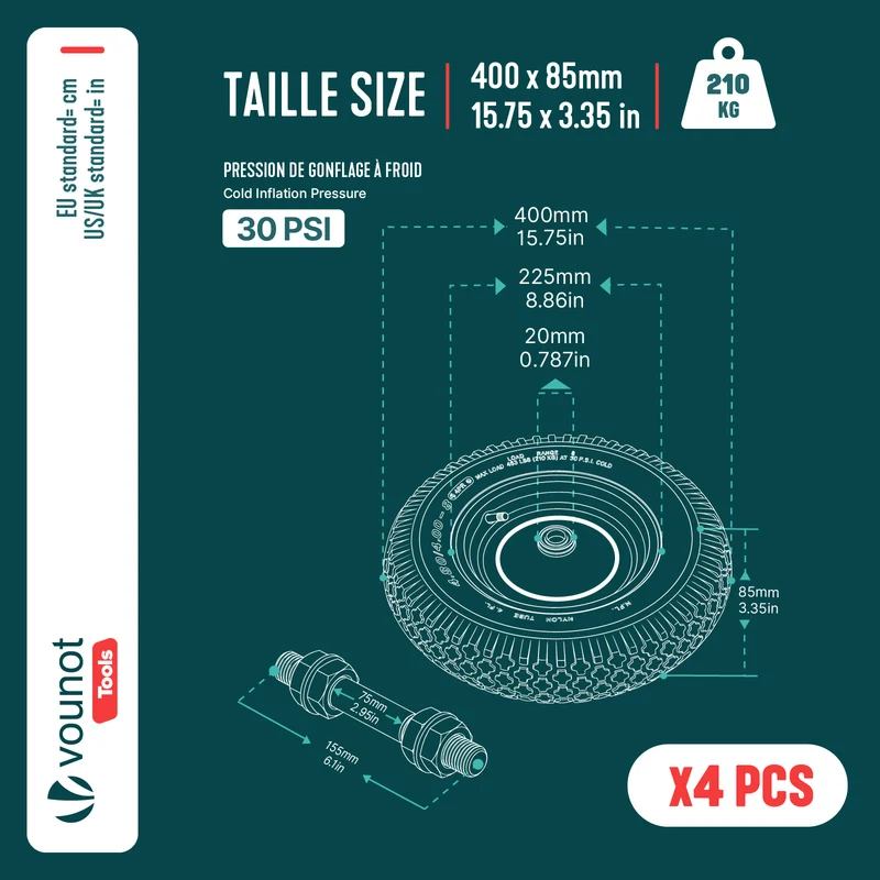 Lot de 4 Roue gonflable robuste 4.80/4.00-8 pour chariot brouette alesage 20mm 400x85mm Rouge
