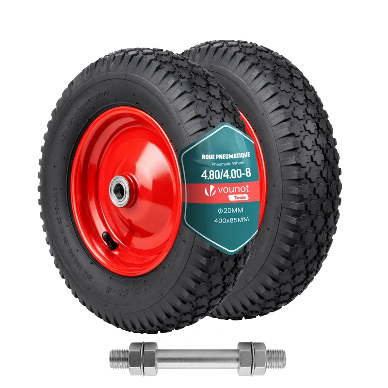 Lot de 2 Roue gonflable robuste 4.80/4.00-8 pour chariot brouette alesage 20mm 400x85mm Rouge