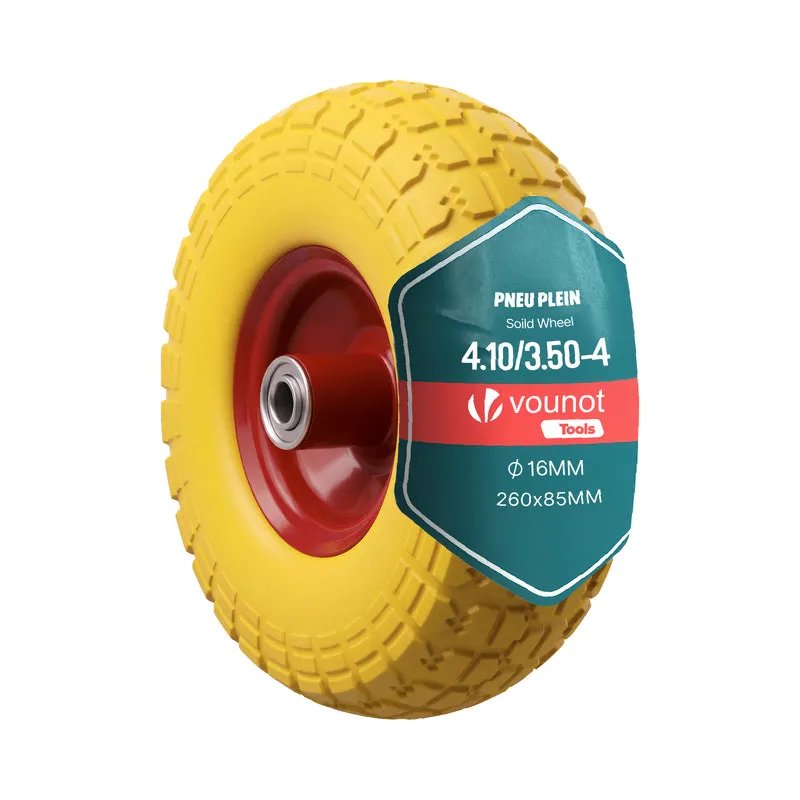 Roue increvable 3.50-4 en PU pour brouette diable alesage 16mm 260x85mm Jaune